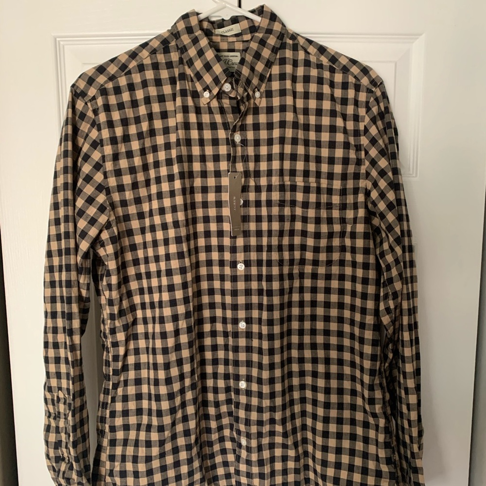 JCrew tan and black checkered button down